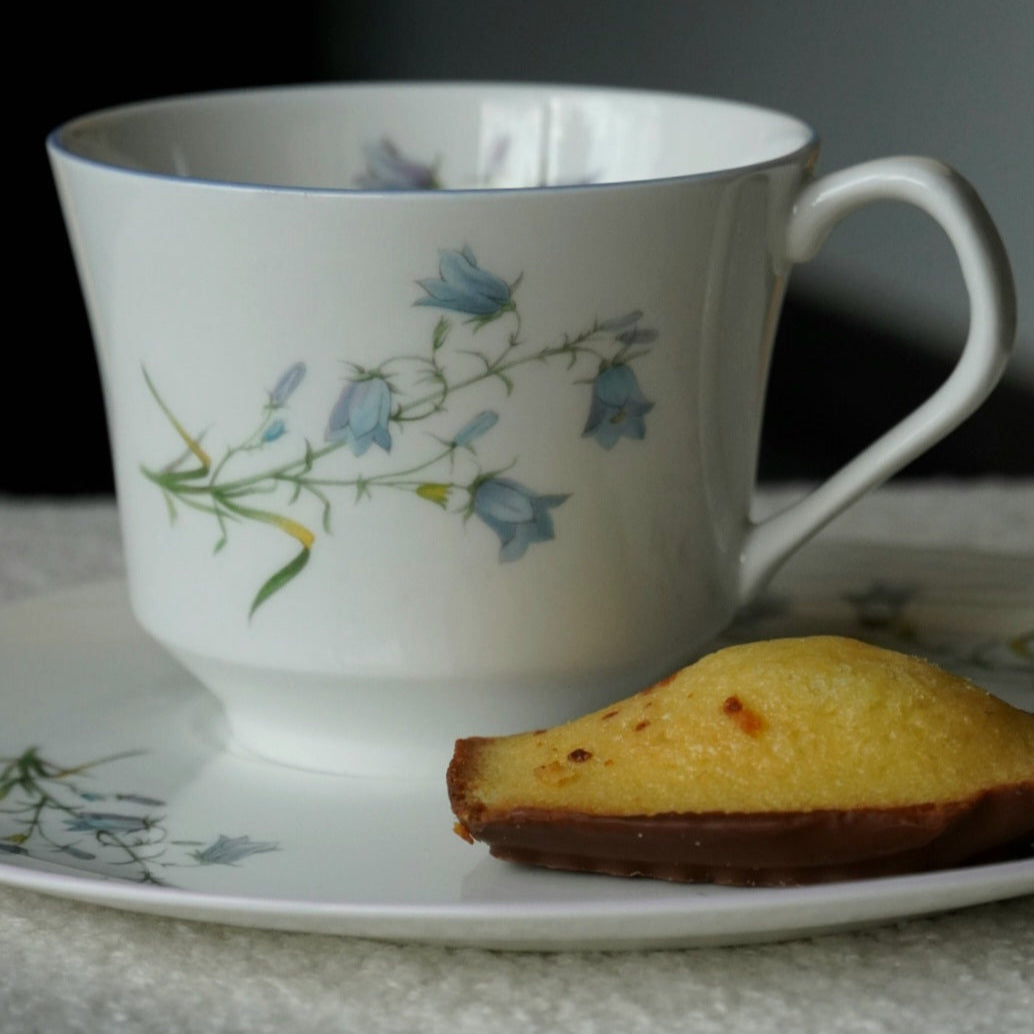 Grande tasse "Agapante" et sa grande sous-tasse à gâteau en porcelaine anglaise fleurie et bleutée Elizabethan Moorland