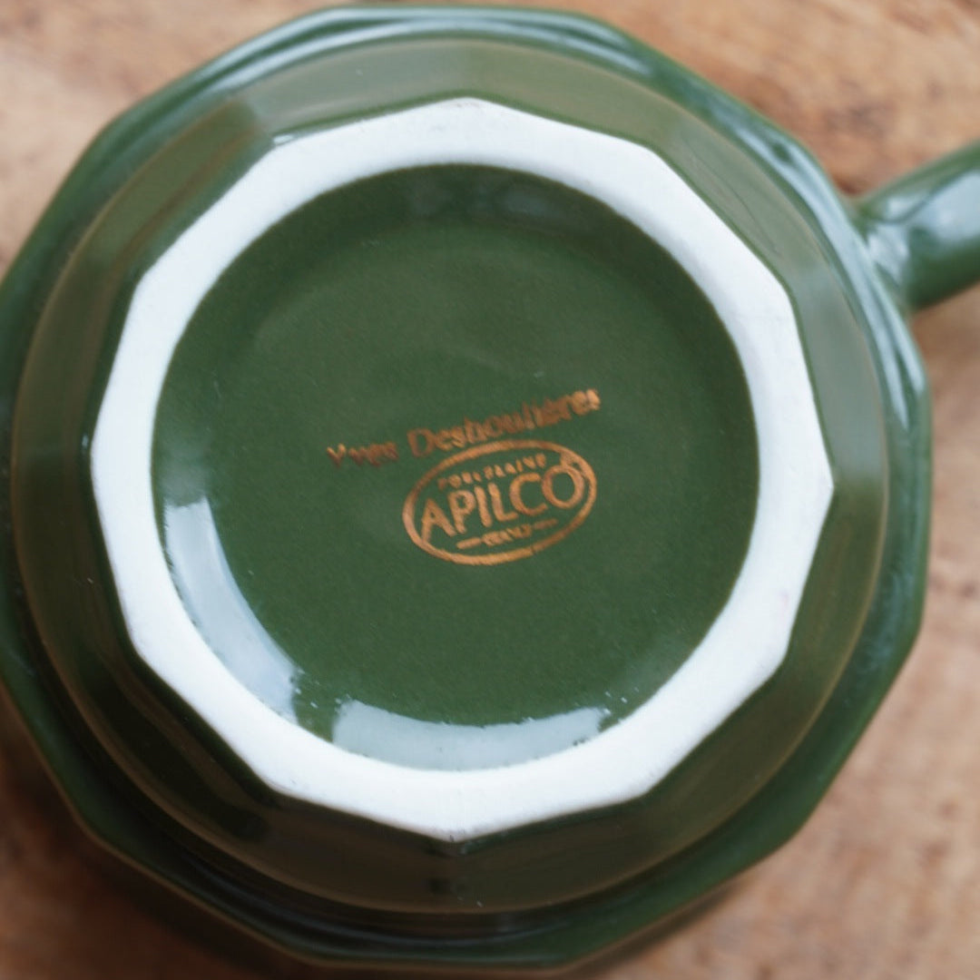 Tête-à-tête de tasses "Erséline" bistrot en porcelaine verte et dorée Yves Deshoulières Apilco (lot de 2)