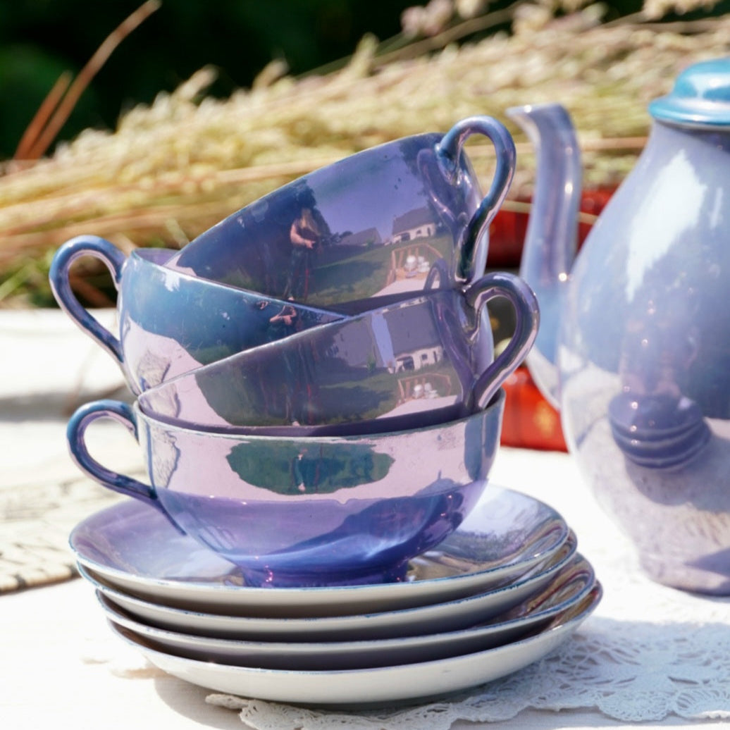 Service à thé "Lin" en porcelaine fine de chine violacé et irisé
