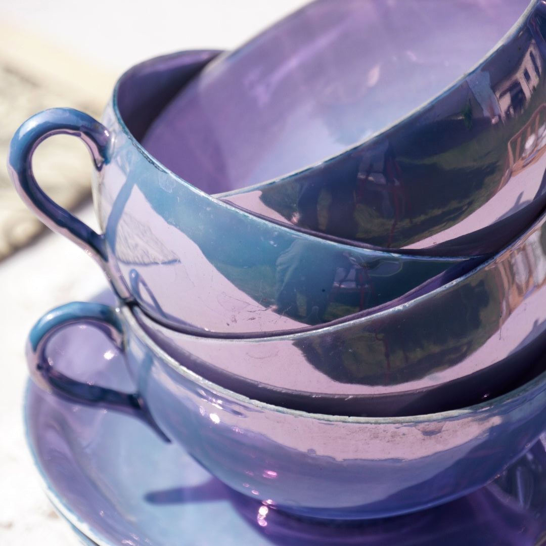 Service à thé "Lin" en porcelaine fine de chine violacé et irisé