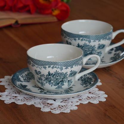 Tête-à-tête de grandes tasses "Roswitha" en porcelaine anglaise fleurie bleutée Enoch Wedgwood Tunstall Ltd. Asiatic Pheasants