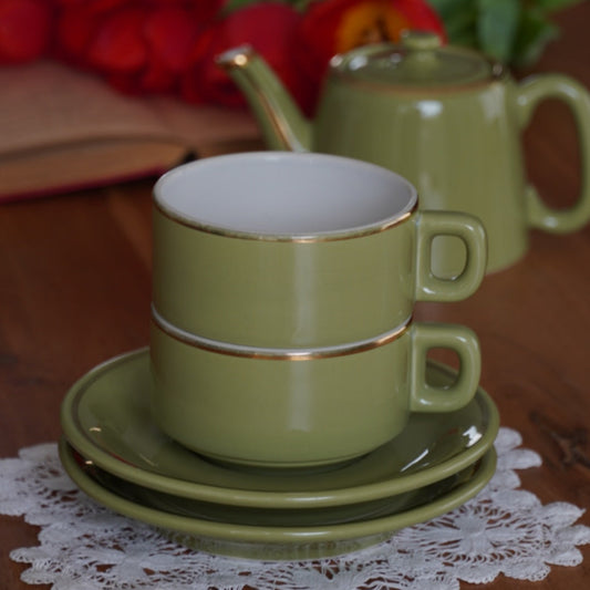 Service à thé "Hugues" en céramique vert pomme et doré style bistrot années 50/60