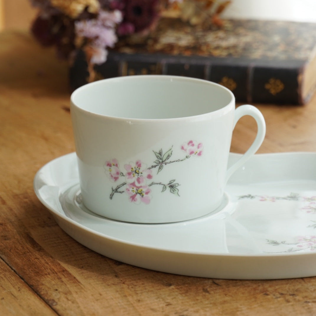 Grande tasse "Gloriande" et sa grande sous-tasse à gâteau en véritable porcelaine française fleurie