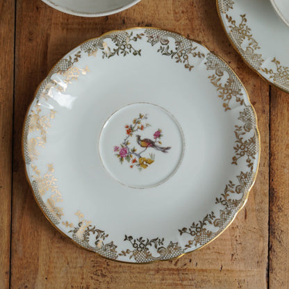Tête-à-tête de tasses "Elielle" en porcelaine de luxe fleurie et dorée avec oiseaux