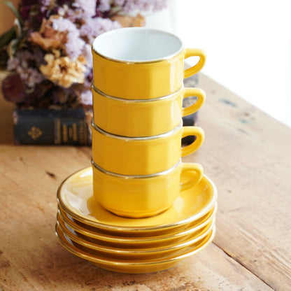 Ensemble de petites tasses bistrot "Ernelle" en porcelaine jaunes et dorées Yves Deshoulières Apilco (lot de 4) (rares)