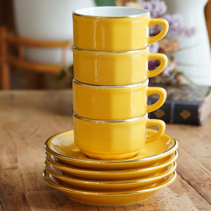 Ensemble de petites tasses bistrot "Ernelle" en porcelaine jaunes et dorées Yves Deshoulières Apilco (lot de 4) (rares)