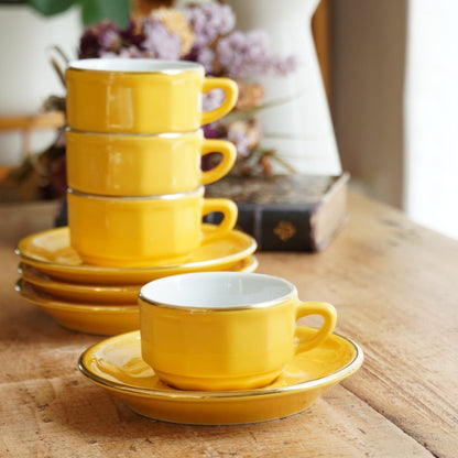 Ensemble de petites tasses bistrot "Ernelle" en porcelaine jaunes et dorées Yves Deshoulières Apilco (lot de 4) (rares)