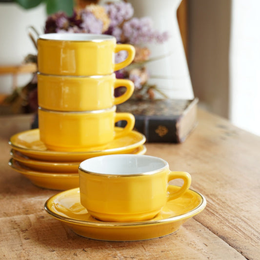 Ensemble de petites tasses bistrot "Ernelle" en porcelaine jaunes et dorées Yves Deshoulières Apilco (lot de 4) (rares)