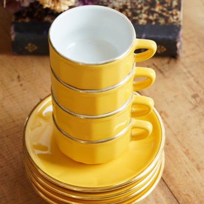 Ensemble de petites tasses bistrot "Ernelle" en porcelaine jaunes et dorées Yves Deshoulières Apilco (lot de 4) (rares)