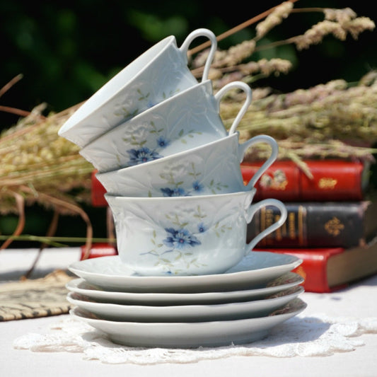 Tasses "Hermance" en porcelaine fleuries avec des reliefs (lot de 4)