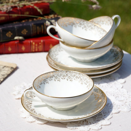 Tasses à thé "Cléophée" en porcelaine de Limoges dorées maison Chastagner (lot de 4)