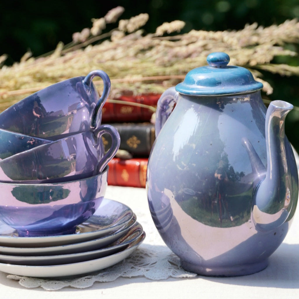 Service à thé "Lin" en porcelaine fine de chine violacé et irisé
