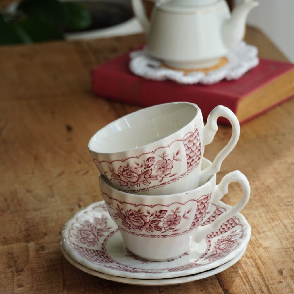 Tête-à-tête de tasses "Blythe" en céramique anglaise torsadée aux motifs fleuris rougeâtres Myott modèle Melody (lot de 2)