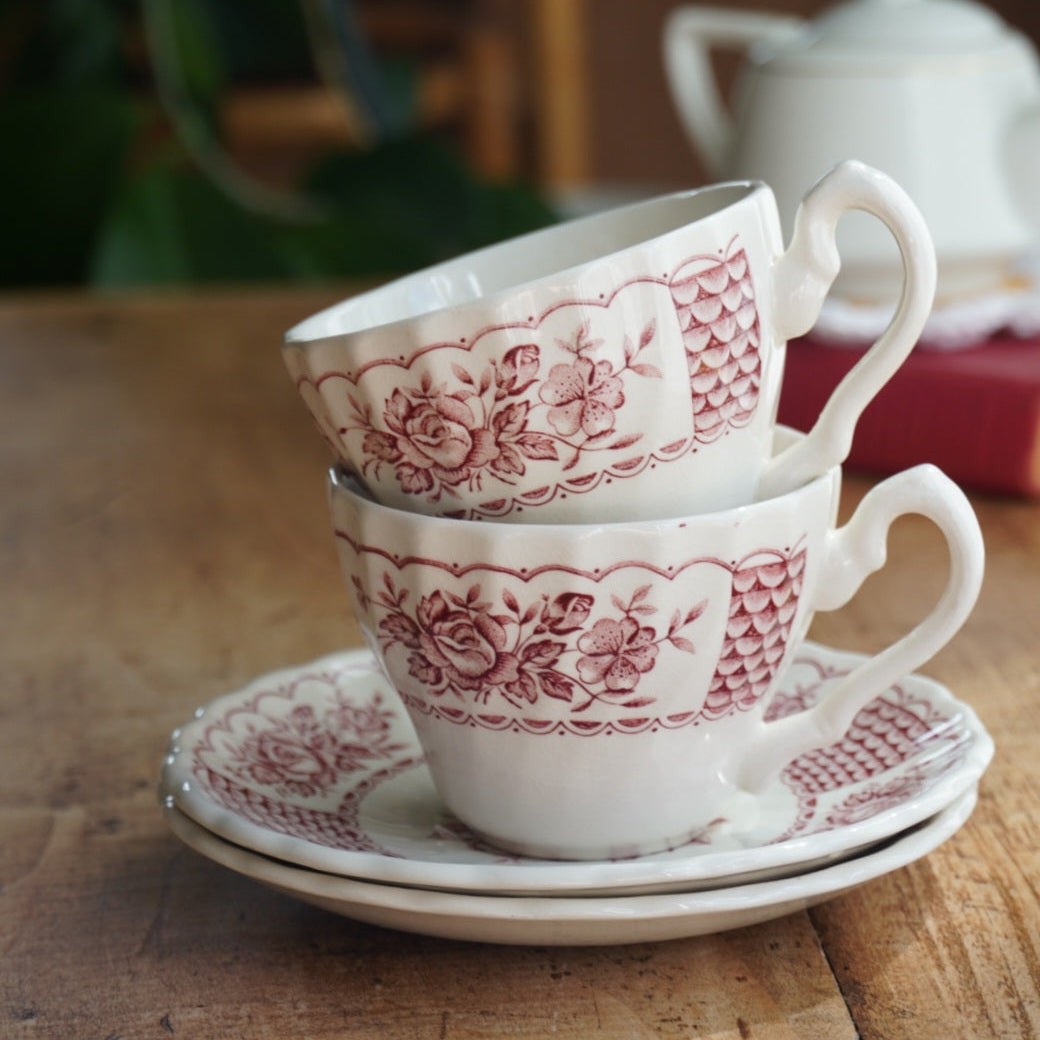 Tête-à-tête de tasses "Blythe" en céramique anglaise torsadée aux motifs fleuris rougeâtres Myott modèle Melody (lot de 2)