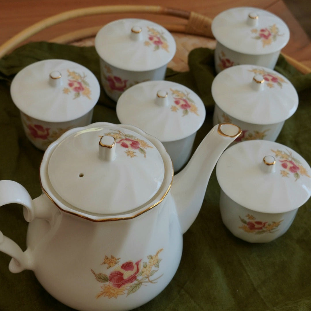 Service à thé "Hong" taïwanais en porcelaine fleurie Dichen Ceramics