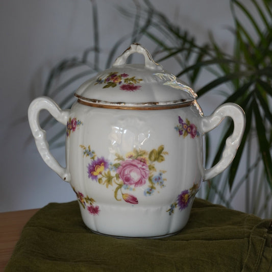 Grand sucrier / pot à biscuits "Marthe" en porcelaine française fleuri et doré