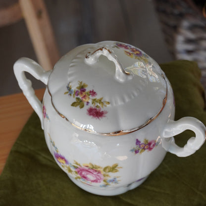 Grand sucrier / pot à biscuits "Marthe" en porcelaine française fleuri et doré