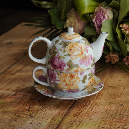 Petite théière solitaire "Jodelle" en porcelaine fleurie et dorée