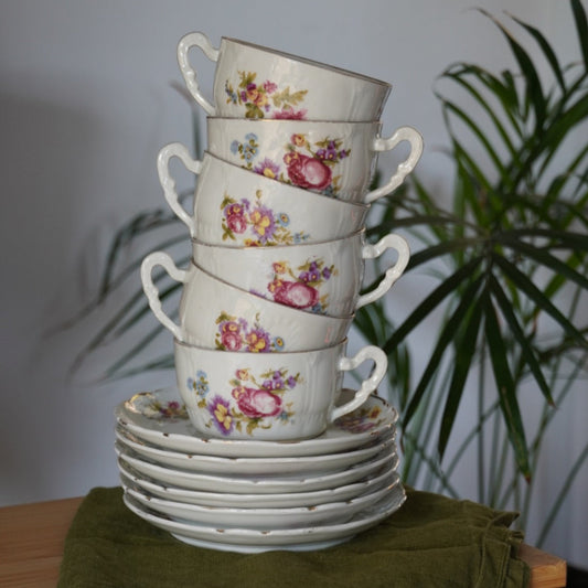 Ensemble de tasses "Marthe" en porcelaine française fleuries et dorées (lot de 6)