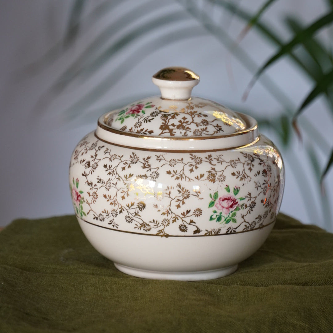 Sucrier "Erich" en céramique allemande doré et fleuri Villeroy & Boch