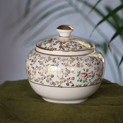 Sucrier "Erich" en céramique allemande doré et fleuri Villeroy & Boch