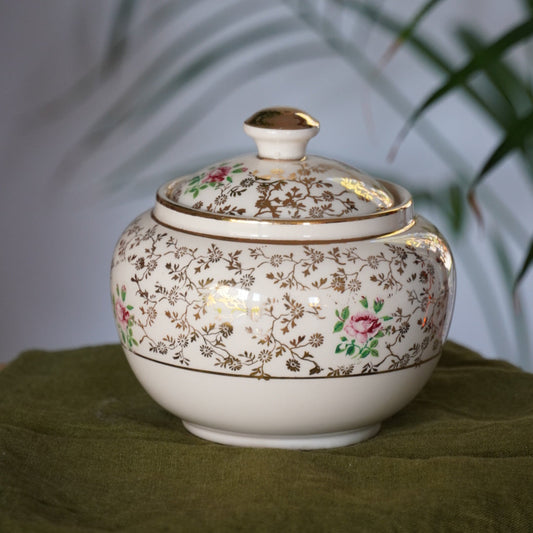 Sucrier "Erich" en céramique allemande doré et fleuri Villeroy & Boch