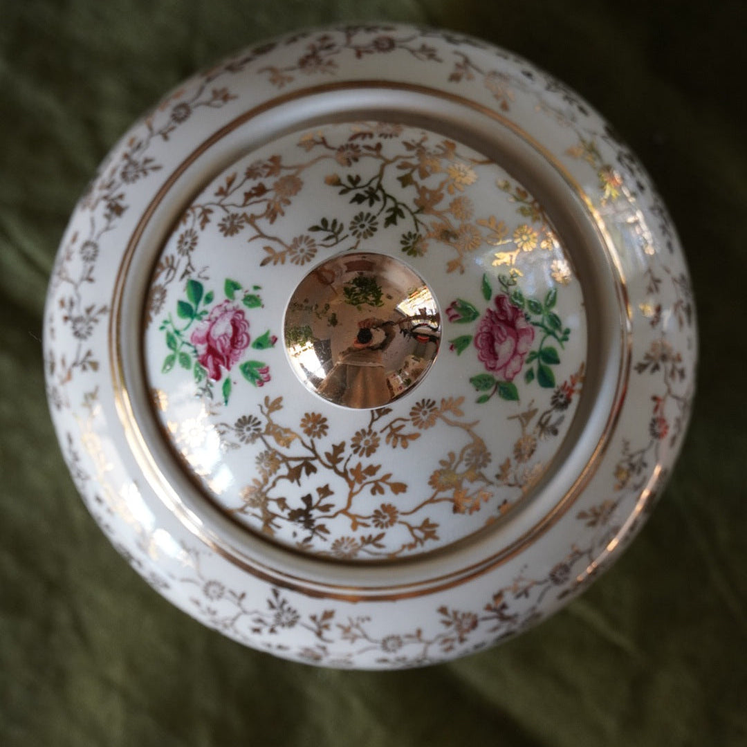 Sucrier "Erich" en céramique allemande doré et fleuri Villeroy & Boch