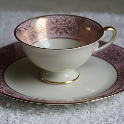 Tasse "Madlen" et sa sous-tasse/assiette à gâteau rose et dorée en porcelaine allemande bavaria