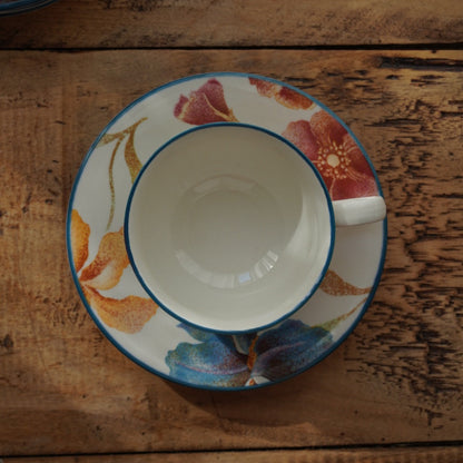 Service à thé "Phoebe" en porcelaine anglaise aux fleurs orangées et aux bordures bleutées Barratt's