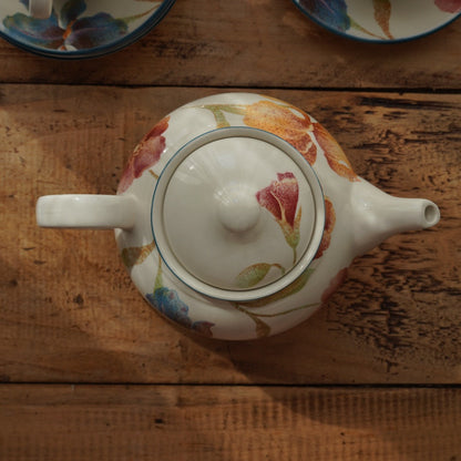 Service à thé "Phoebe" en porcelaine anglaise aux fleurs orangées et aux bordures bleutées Barratt's