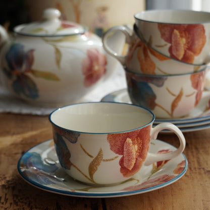 Service à thé "Phoebe" en porcelaine anglaise aux fleurs orangées et aux bordures bleutées Barratt's