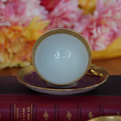 Tête-à-tête de petites tasses "Tilda" en porcelaine allemande écaillée rose foncée et dorée Jlmeneau Graff Von Henneberg
