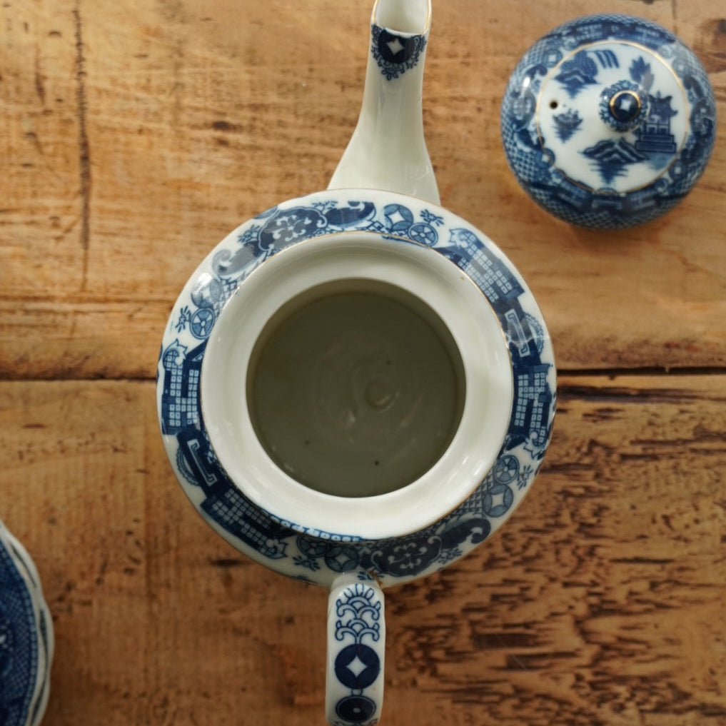 Service à thé "Robin" en porcelaine anglaise aux motifs bleutés et dorées