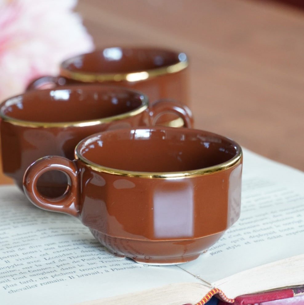 Petites tasses "Onérise" à café parisiennes en céramique marron et dorée Prima Cup Collection (lot de 4)