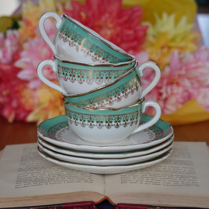 Tasses "Philodine" dorées et vert d'eau en faïence Digoin Sarreguemines (lot de 4)