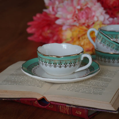 Tasses "Philodine" dorées et vert d'eau en faïence Digoin Sarreguemines (lot de 4)
