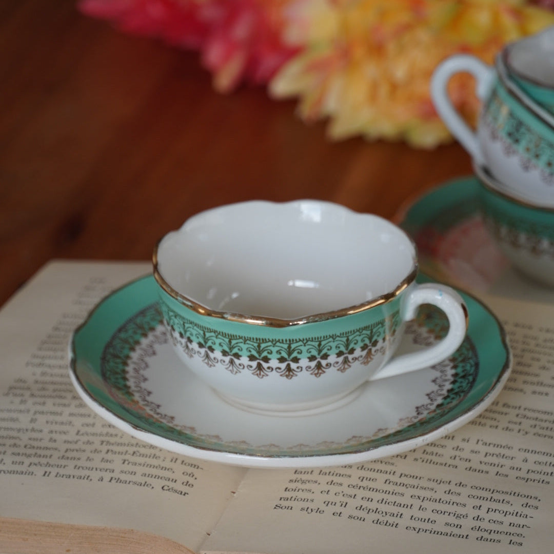 Tasses "Philodine" dorées et vert d'eau en faïence Digoin Sarreguemines (lot de 4)