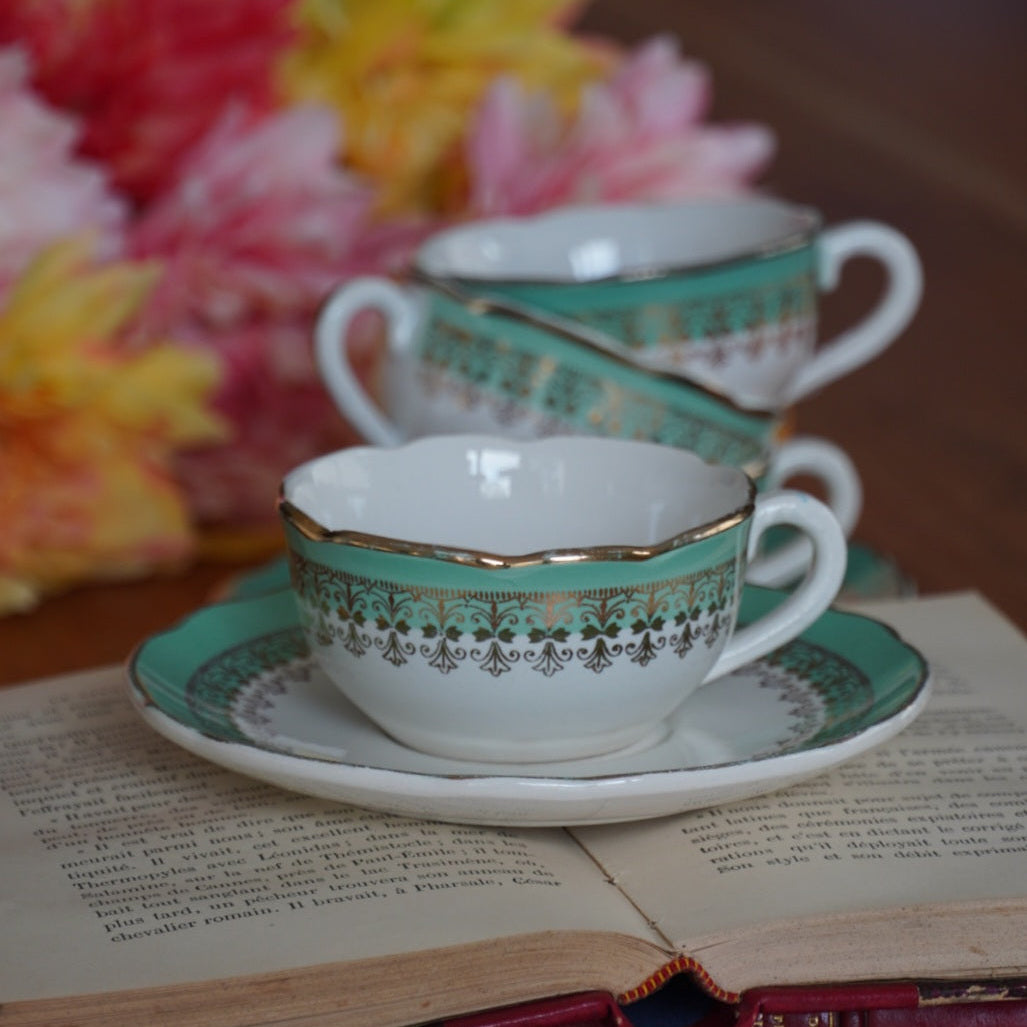 Tasses "Philodine" dorées et vert d'eau en faïence Digoin Sarreguemines (lot de 4)