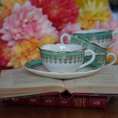 Tasses "Philodine" dorées et vert d'eau en faïence Digoin Sarreguemines (lot de 4)