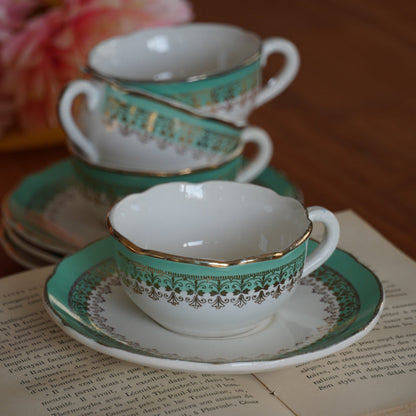 Tasses "Philodine" dorées et vert d'eau en faïence Digoin Sarreguemines (lot de 4)