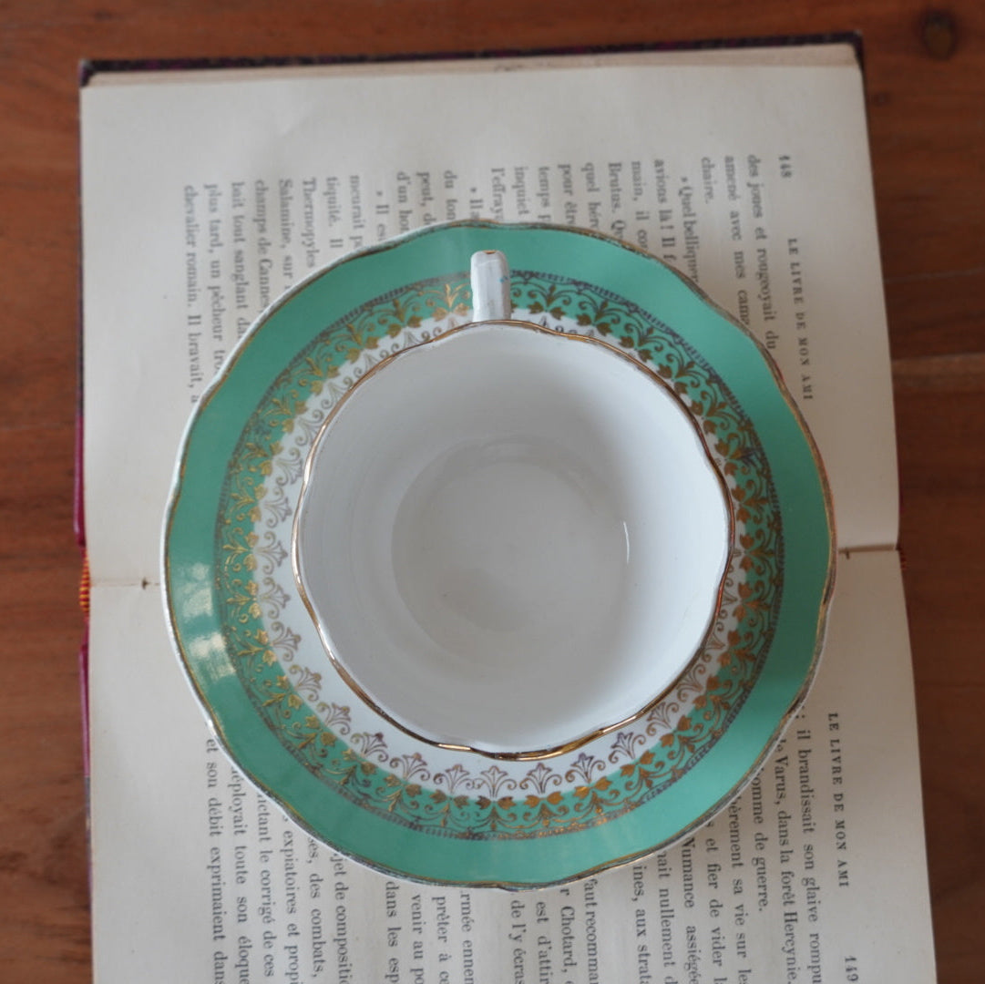 Tasses "Philodine" dorées et vert d'eau en faïence Digoin Sarreguemines (lot de 4)