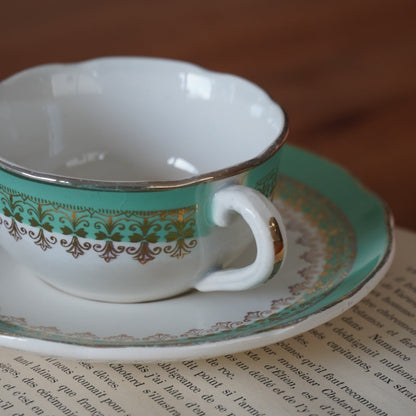 Tasses "Philodine" dorées et vert d'eau en faïence Digoin Sarreguemines (lot de 4)