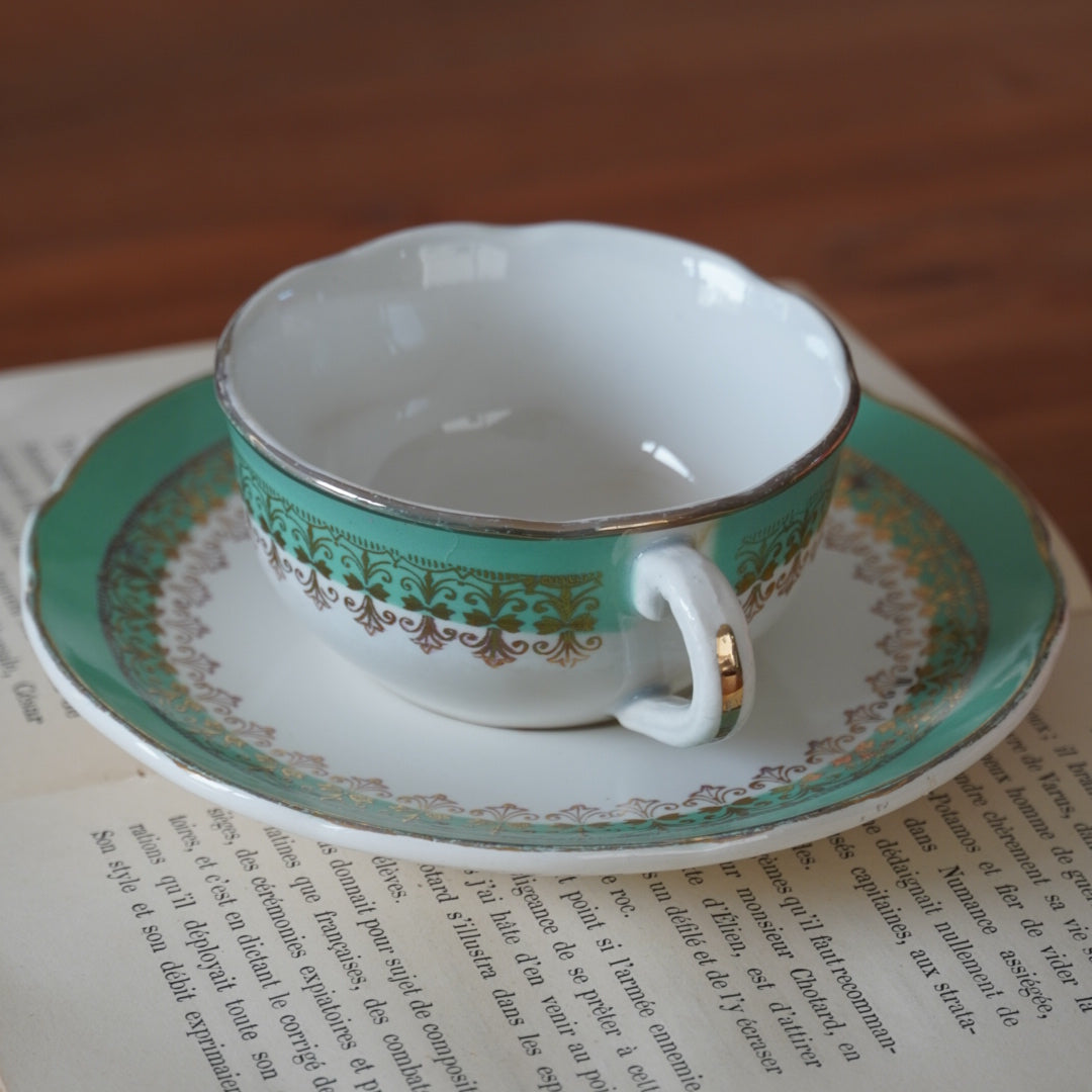 Tasses "Philodine" dorées et vert d'eau en faïence Digoin Sarreguemines (lot de 4)