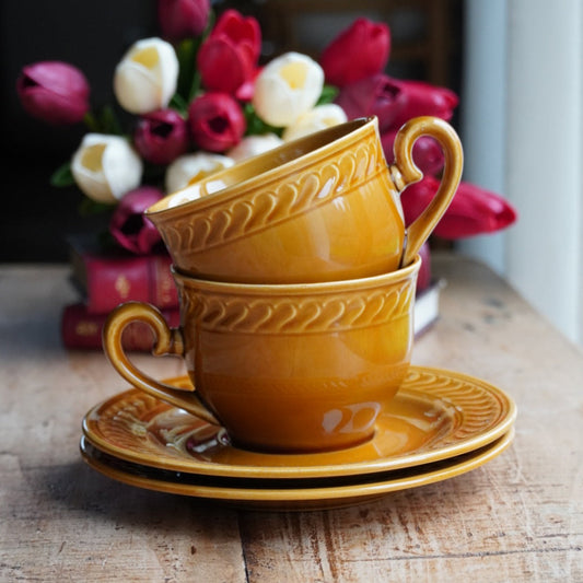 Tête-à-tête de tasses "Maxelline" en faïence de Gien marron caramel