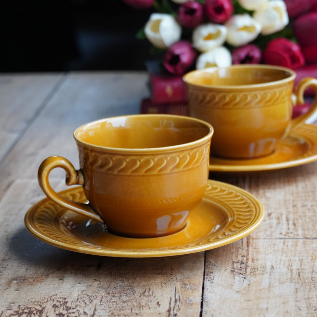 Tête-à-tête de tasses "Maxelline" en faïence de Gien marron caramel