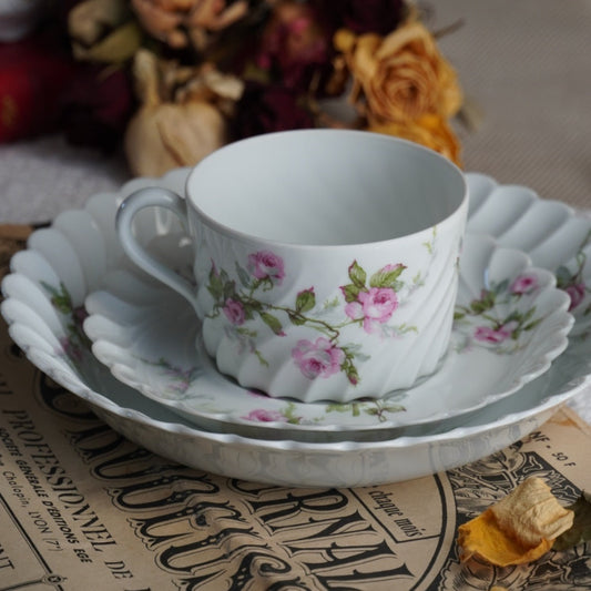 Tasse "Sylvie" et son assiette à gâteau en porcelaine de Limoges fleurie et torsadée Haviland