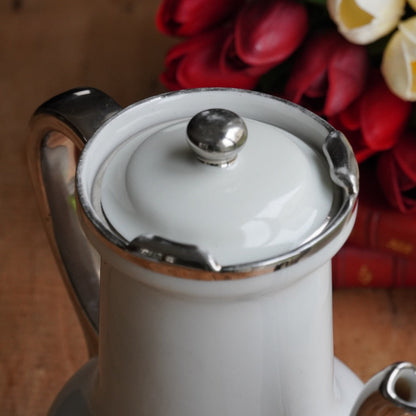 Grande théière "Thalie" en porcelaine de Limoges blanche et argentée Aluminite Frugier