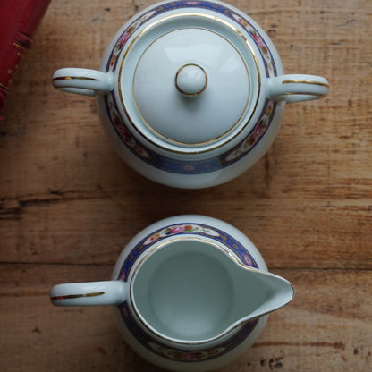 Pot à lait et sucrier "Josef" en porcelaine tchécoslovaque fleurie et dorée MZ Altrohlau CMR