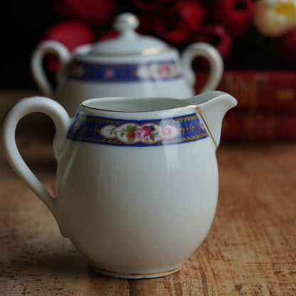 Pot à lait et sucrier "Josef" en porcelaine tchécoslovaque fleurie et dorée MZ Altrohlau CMR