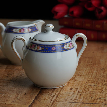 Pot à lait et sucrier "Josef" en porcelaine tchécoslovaque fleurie et dorée MZ Altrohlau CMR